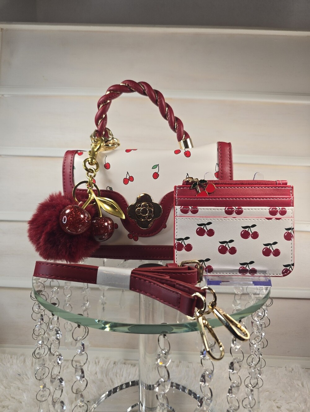 Novelty cherry Theme crossbody bag , cherry wallet, and cherry bag charm.